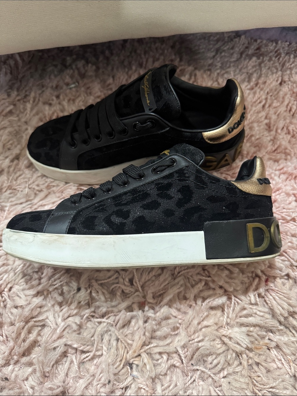 Dolce & Gabbana Black Leopard-Print Sneakers with Gold Heel